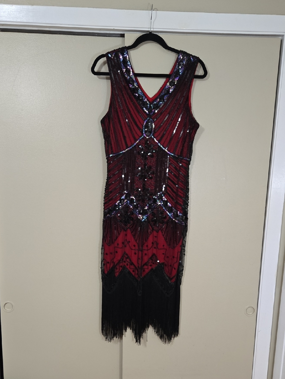 Mansha Red Beaded Fringe Sleeveless Flapper Dress Size Large NWT